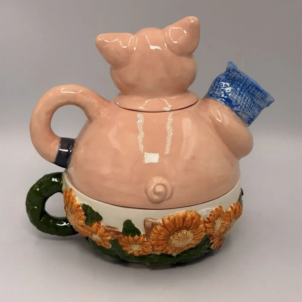 Vintage Ceramic Stacking Pig Teapot Mug Set Sunflower Psalm 51:10 Signed 1999